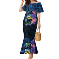 Hawaiian Plumeria and Hibiscus with Turtles Family Matching Mermaid Dress and Hawaiian Shirt Polynesian Art Dark Cyan Color LT03 Mom's Dress Dark Cyan - Polynesian Pride