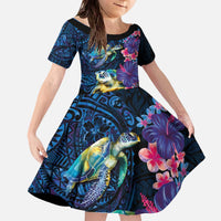 Hawaiian Plumeria and Hibiscus with Turtles Family Matching Off The Shoulder Long Sleeve Dress and Hawaiian Shirt Polynesian Art Dark Cyan Color LT03 Daughter's Dress Dark Cyan - Polynesian Pride