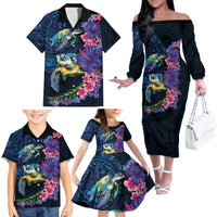 Hawaiian Plumeria and Hibiscus with Turtles Family Matching Off The Shoulder Long Sleeve Dress and Hawaiian Shirt Polynesian Art Dark Cyan Color LT03 - Polynesian Pride