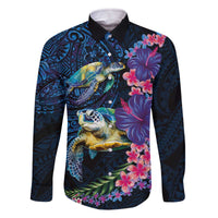 Hawaiian Plumeria and Hibiscus with Turtles Family Matching Off The Shoulder Long Sleeve Dress and Hawaiian Shirt Polynesian Art Dark Cyan Color LT03 Dad's Shirt - Long Sleeve Dark Cyan - Polynesian Pride