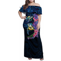 Hawaiian Plumeria and Hibiscus with Turtles Family Matching Off Shoulder Maxi Dress and Hawaiian Shirt Polynesian Art Dark Cyan Color LT03 Mom's Dress Dark Cyan - Polynesian Pride