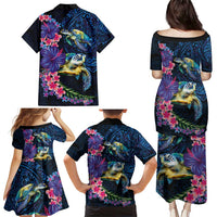 Hawaiian Plumeria and Hibiscus with Turtles Family Matching Puletasi and Hawaiian Shirt Polynesian Art Dark Cyan Color LT03 - Polynesian Pride