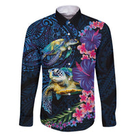 Hawaiian Plumeria and Hibiscus with Turtles Family Matching Puletasi and Hawaiian Shirt Polynesian Art Dark Cyan Color LT03 Dad's Shirt - Long Sleeve Dark Cyan - Polynesian Pride