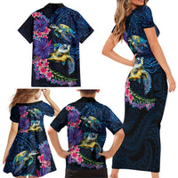 Hawaiian Plumeria and Hibiscus with Turtles Family Matching Short Sleeve Bodycon Dress and Hawaiian Shirt Polynesian Art Dark Cyan Color LT03 - Polynesian Pride