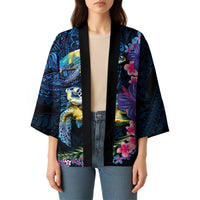 Hawaiian Plumeria and Hibiscus with Turtles Kimono Polynesian Art Dark Cyan Color - Polynesian Pride