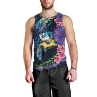 Hawaiian Plumeria and Hibiscus with Turtles Men Tank Top Polynesian Art Dark Cyan Color - Polynesian Pride