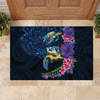 Hawaiian Plumeria and Hibiscus with Turtles Rubber Doormat Polynesian Art Dark Cyan Color - Polynesian Pride
