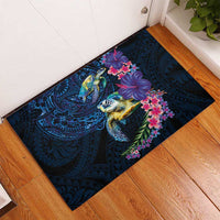 Hawaiian Plumeria and Hibiscus with Turtles Rubber Doormat Polynesian Art Dark Cyan Color - Polynesian Pride