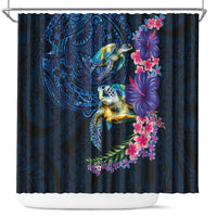 Hawaiian Plumeria and Hibiscus with Turtles Shower Curtain Polynesian Art Dark Cyan Color - Polynesian Pride