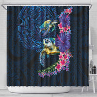 Hawaiian Plumeria and Hibiscus with Turtles Shower Curtain Polynesian Art Dark Cyan Color - Polynesian Pride