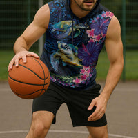 Hawaiian Plumeria and Hibiscus with Turtles Sleeveless Hoodie Polynesian Art Dark Cyan Color - Polynesian Pride