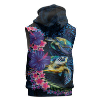 Hawaiian Plumeria and Hibiscus with Turtles Sleeveless Zip Hoodie Polynesian Art Dark Cyan Color - Polynesian Pride