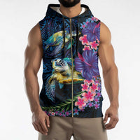 Hawaiian Plumeria and Hibiscus with Turtles Sleeveless Zip Hoodie Polynesian Art Dark Cyan Color LT03 - Polynesian Pride