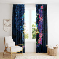 Hawaiian Plumeria and Hibiscus with Turtles Window Curtain Polynesian Art Dark Cyan Color - Polynesian Pride