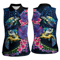 Hawaiian Plumeria and Hibiscus with Turtles Women Sleeveless Polo Shirt Polynesian Art Dark Cyan Color - Polynesian Pride