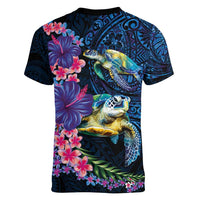 Hawaiian Plumeria and Hibiscus with Turtles Women V-Neck T-Shirt Polynesian Art Dark Cyan Color - Polynesian Pride