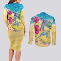 Hawaiian Tropical Plants Turtles Couples Matching Long Sleeve Bodycon Dress and Long Sleeve Button Shirt Watercolor Style - Polynesian Pride