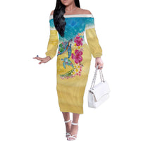 Hawaiian Tropical Plants Turtles Family Matching Off The Shoulder Long Sleeve Dress and Hawaiian Shirt Watercolor Style LT03 Mom's Dress Multicolor - Polynesian Pride