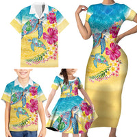 Hawaiian Tropical Plants Turtles Family Matching Short Sleeve Bodycon Dress and Hawaiian Shirt Watercolor Style LT03 - Polynesian Pride