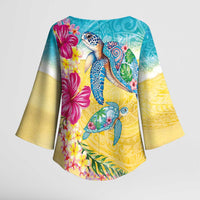 Hawaiian Tropical Plants Turtles Kimono Sleeve Blouse Watercolor Style - Polynesian Pride