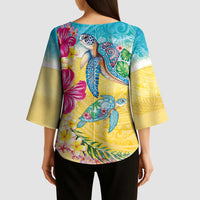 Hawaiian Tropical Plants Turtles Kimono Sleeve Blouse Watercolor Style - Polynesian Pride