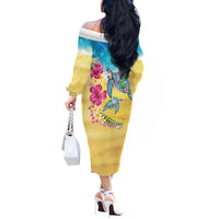 Hawaiian Tropical Plants Turtles Off The Shoulder Long Sleeve Dress Watercolor Style - Polynesian Pride
