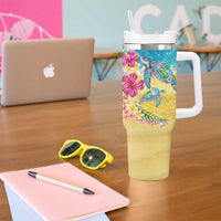 Hawaiian Tropical Plants Turtles Tumbler With Handle Watercolor Style - Polynesian Pride