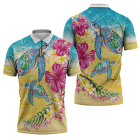 Hawaiian Tropical Plants Turtles Zipper Polo Shirt Watercolor Style - Polynesian Pride