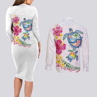 Hawaiian Abstract Art Turtles Couples Matching Long Sleeve Bodycon Dress and Long Sleeve Button Shirt with Plumeria and Hibiscus - Polynesian Pride