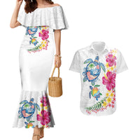 Hawaiian Abstract Art Turtles Couples Matching Mermaid Dress and Hawaiian Shirt with Plumeria and Hibiscus LT03 White - Polynesian Pride