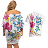 Hawaiian Abstract Art Turtles Couples Matching Off Shoulder Short Dress and Hawaiian Shirt with Plumeria and Hibiscus LT03 - Polynesian Pride
