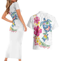 Hawaiian Abstract Art Turtles Couples Matching Short Sleeve Bodycon Dress and Hawaiian Shirt with Plumeria and Hibiscus LT03 - Polynesian Pride