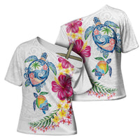 Hawaiian Abstract Art Turtles Cross Shoulder Shirt with Plumeria and Hibiscus - Polynesian Pride