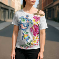 Hawaiian Abstract Art Turtles Cross Shoulder Shirt with Plumeria and Hibiscus - Polynesian Pride