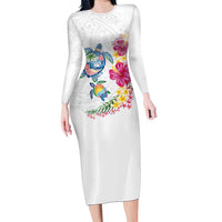 Hawaiian Abstract Art Turtles Family Matching Long Sleeve Bodycon Dress and Hawaiian Shirt with Plumeria and Hibiscus LT03 Mom's Dress White - Polynesian Pride