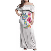 Hawaiian Abstract Art Turtles Family Matching Off Shoulder Maxi Dress and Hawaiian Shirt with Plumeria and Hibiscus LT03 Mom's Dress White - Polynesian Pride