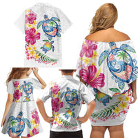 Hawaiian Abstract Art Turtles Family Matching Off Shoulder Short Dress and Hawaiian Shirt with Plumeria and Hibiscus LT03 - Polynesian Pride