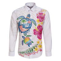 Hawaiian Abstract Art Turtles Family Matching Puletasi and Hawaiian Shirt with Plumeria and Hibiscus LT03 Dad's Shirt - Long Sleeve White - Polynesian Pride