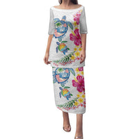 Hawaiian Abstract Art Turtles Family Matching Puletasi and Hawaiian Shirt with Plumeria and Hibiscus LT03 Mom's Dress White - Polynesian Pride