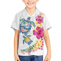 Hawaiian Abstract Art Turtles Family Matching Puletasi and Hawaiian Shirt with Plumeria and Hibiscus LT03 Son's Shirt White - Polynesian Pride