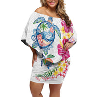 Hawaiian Abstract Art Turtles Off Shoulder Short Dress with Plumeria and Hibiscus - Polynesian Pride