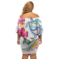 Hawaiian Abstract Art Turtles Off Shoulder Short Dress with Plumeria and Hibiscus - Polynesian Pride