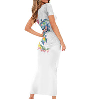 Hawaiian Abstract Art Turtles Short Sleeve Bodycon Dress with Plumeria and Hibiscus - Polynesian Pride