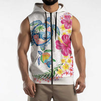 Hawaiian Abstract Art Turtles Sleeveless Zip Hoodie with Plumeria and Hibiscus - Polynesian Pride