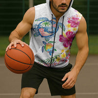 Hawaiian Abstract Art Turtles Sleeveless Zip Hoodie with Plumeria and Hibiscus - Polynesian Pride
