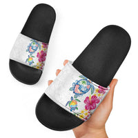 Hawaiian Abstract Art Turtles Slide Sandals with Plumeria and Hibiscus - Polynesian Pride