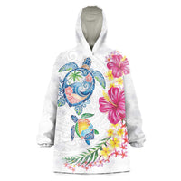 Hawaiian Abstract Art Turtles Wearable Blanket Hoodie with Plumeria and Hibiscus - Polynesian Pride