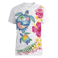 Hawaiian Abstract Art Turtles Women V-Neck T-Shirt with Plumeria and Hibiscus - Polynesian Pride