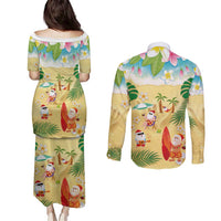 Hawaiian Mele Kalikimaka Couples Matching Puletasi and Long Sleeve Button Shirt Tropical Plumeria and Lei Funny Santa Beach - Polynesian Pride