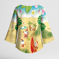 Hawaiian Mele Kalikimaka Kimono Sleeve Blouse Tropical Plumeria and Lei Funny Santa Beach - Polynesian Pride